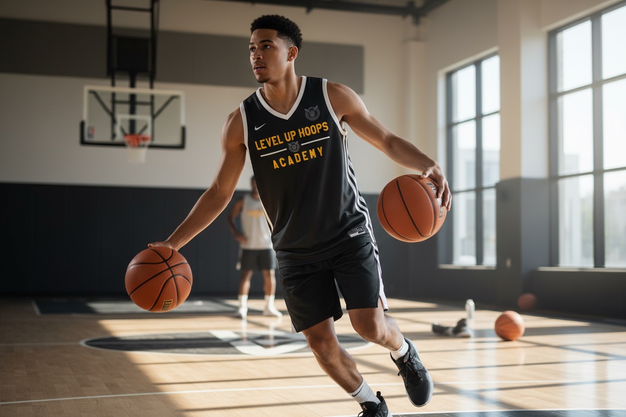 Player wearing Level Up Hoops Academy boys jersey