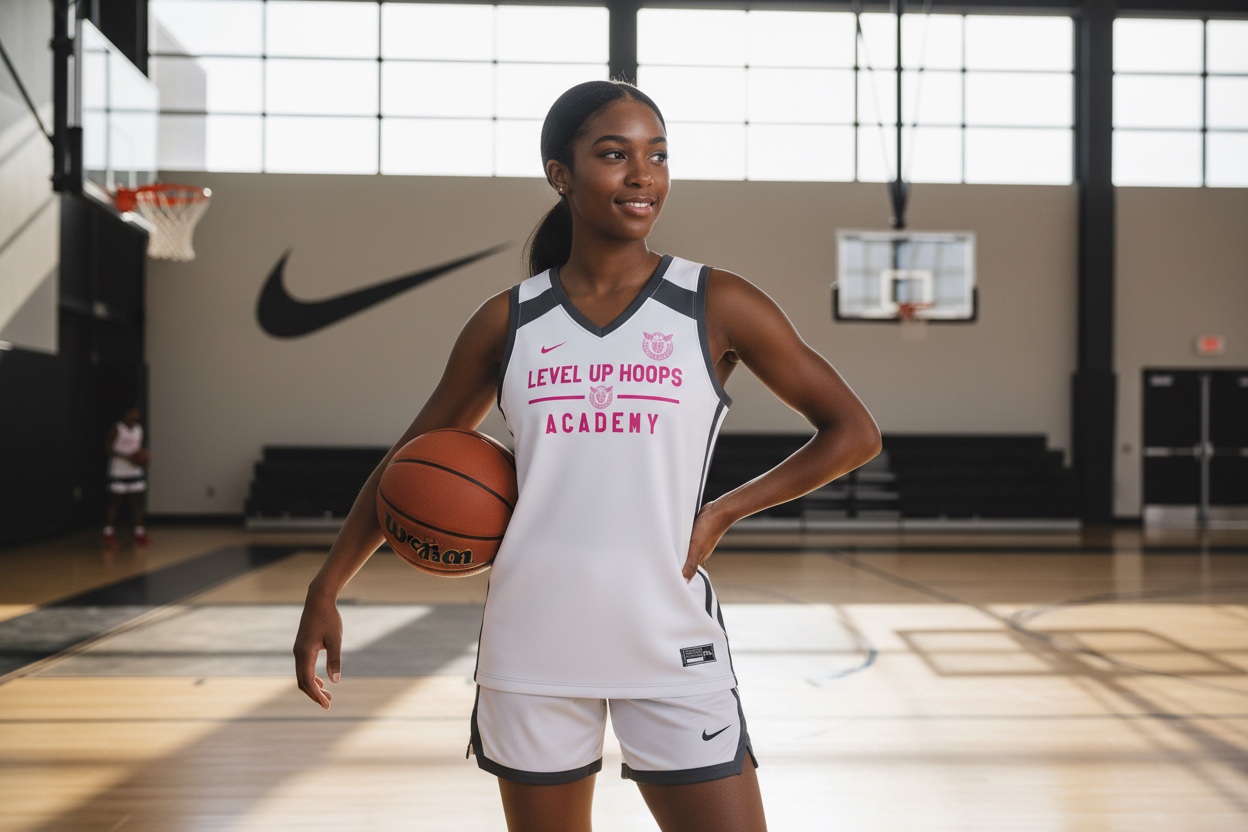 Player wearing Level Up Hoops Academy girls jersey